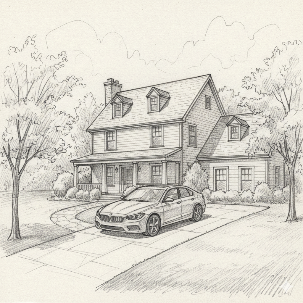 Pencil sketch of a car parked in front of a house