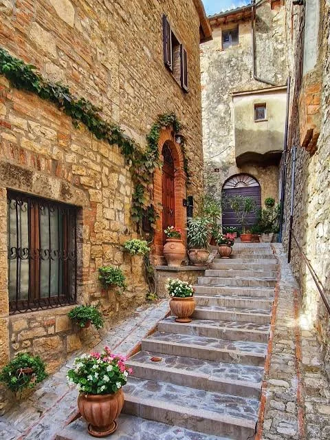 Stone pathway with potted plants and flowers on stairs leading to a rustic European courtyard with brick and stucco walls and windows with decorative iron grilles.