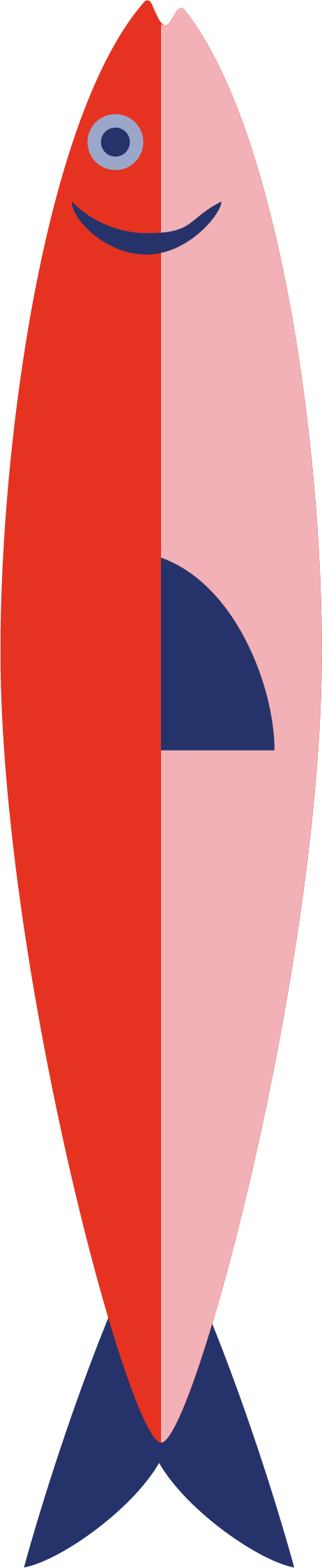 Ein stilisierter Fisch in hellroter und hellrosa Farbe mit einem lächelnden Gesicht, einem Auge und Flossen, auf schwarzem Hintergrund.