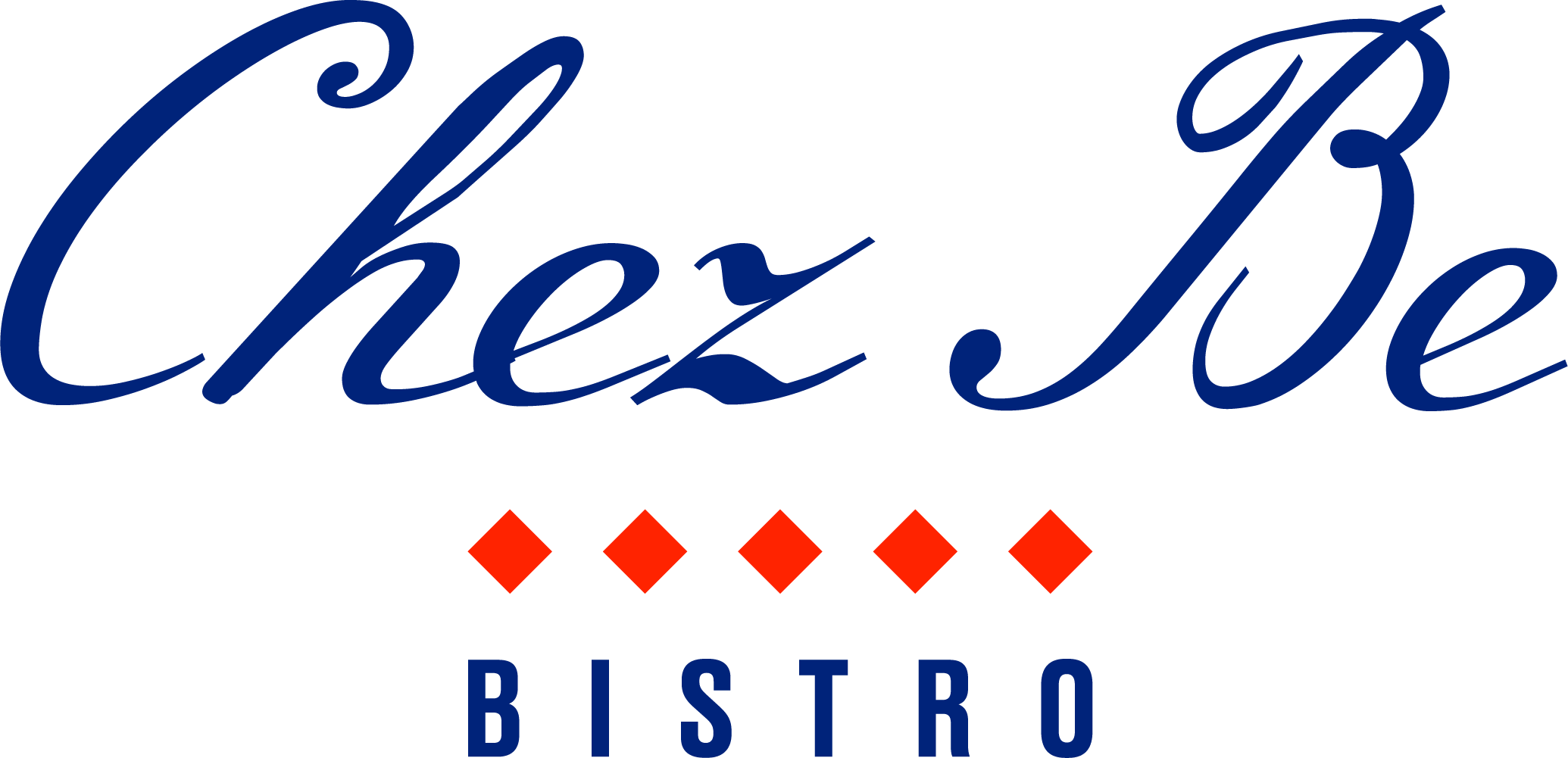 Logo des Chez Be Bistro mit blauer, geschwungener Schrift und roten Rauten über dem Wort "Bistro".