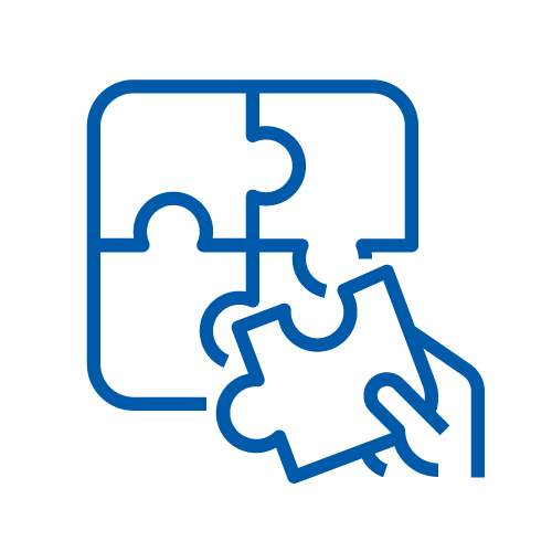 Outline of a hand fitting a puzzle piece into a puzzle.