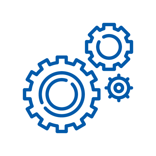 Outline of interconnected blue gears on a black background.