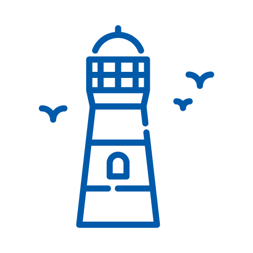 Blue lighthouse with three birds flying nearby, on a black background.