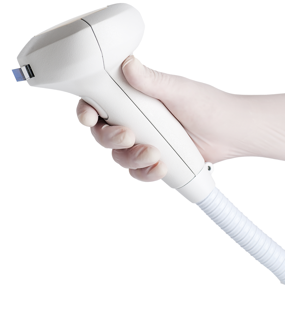 Close-up of a person's hand wearing a white glove holding a medical device resembling an infrared thermometer.