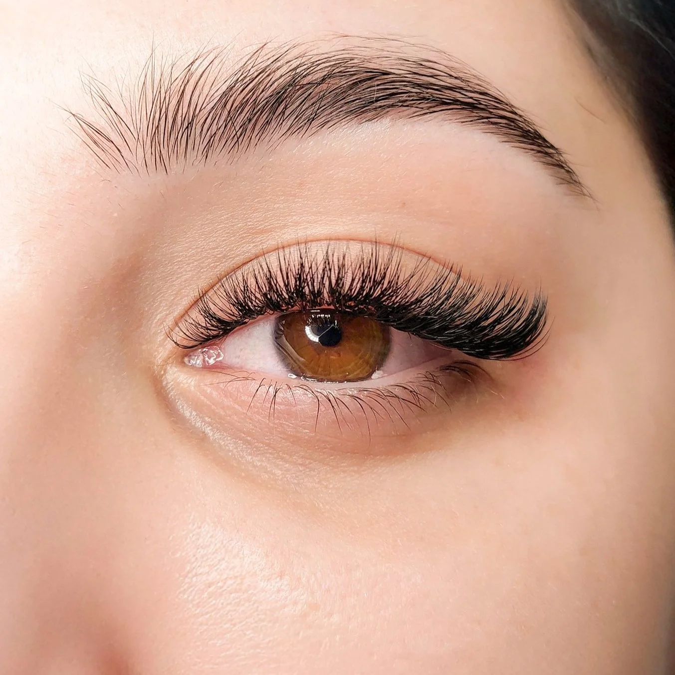 Close-up of a person's brown eye with long, dark eyelashes and well-groomed eyebrows.