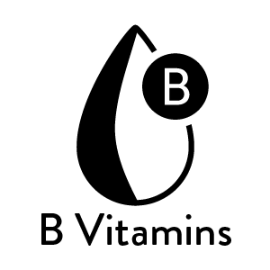 Black and white icon of a teardrop shape with a "B" circle, labeled "B Vitamins."