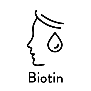 Outline of a face with a water drop and the word Biotin below it