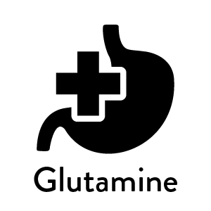 Glutamine icon with cross and stomach graphic