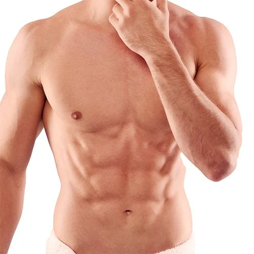 Partial view of a shirtless man with visible abdominal muscles, wearing light-colored pants, against a white background.