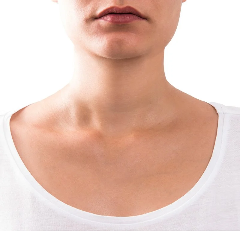 Close-up of a woman’s neck and lower face with visible neck wrinkles and fair skin.