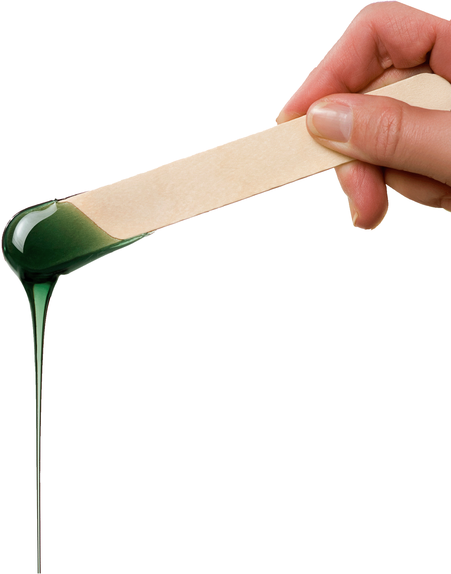 A hand holding a wooden stick with green matching colored wax dripping from it.