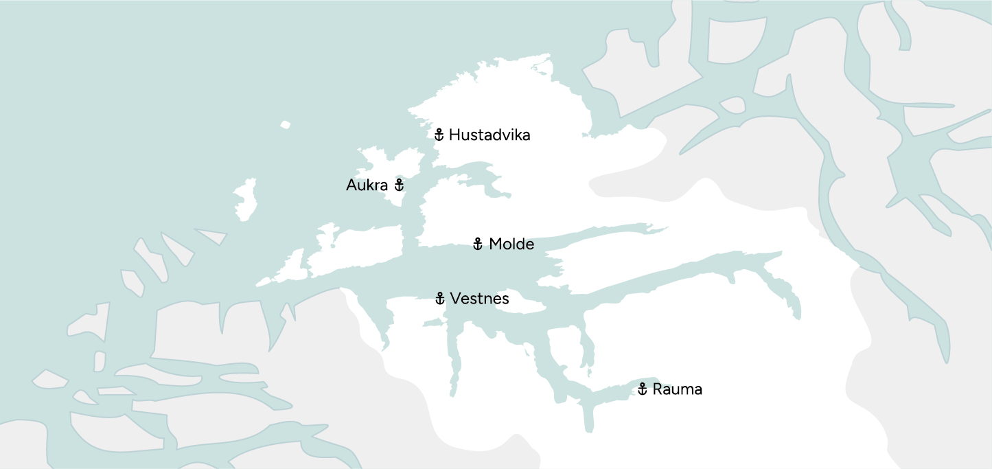 Kart over Romsdalskommunen Hustadvika, Aukra, Molde, Vestnes og Rauma.
