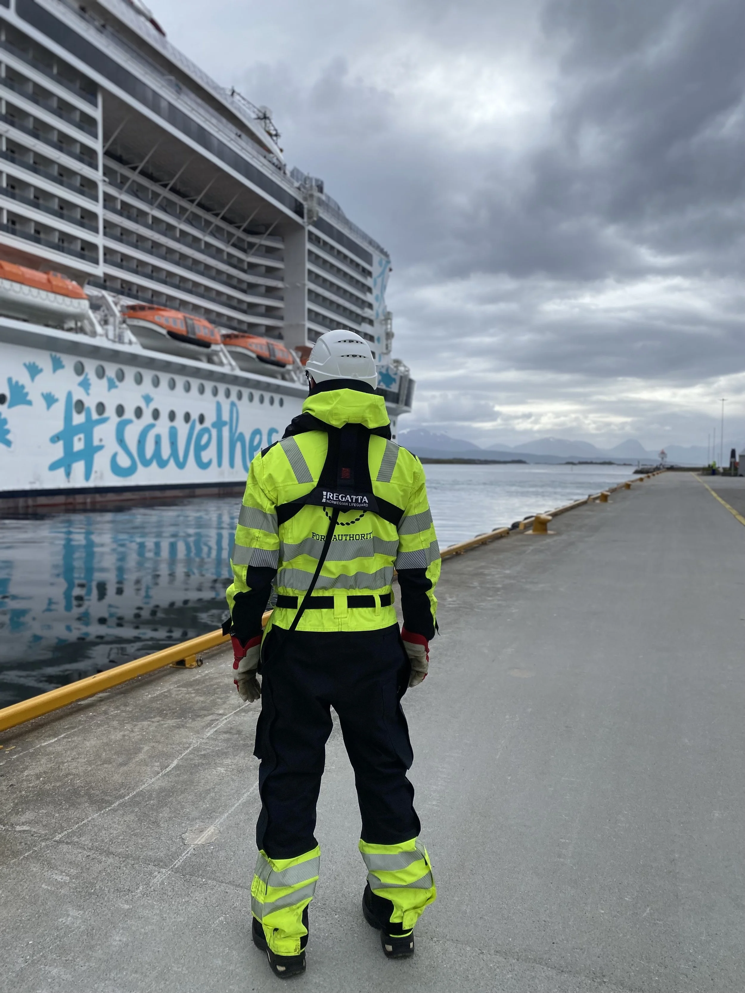 En person i arbeidsklær står på havna, med ryggen mot kamera, og venter på en cruisebåt som holder på å legge til havn.