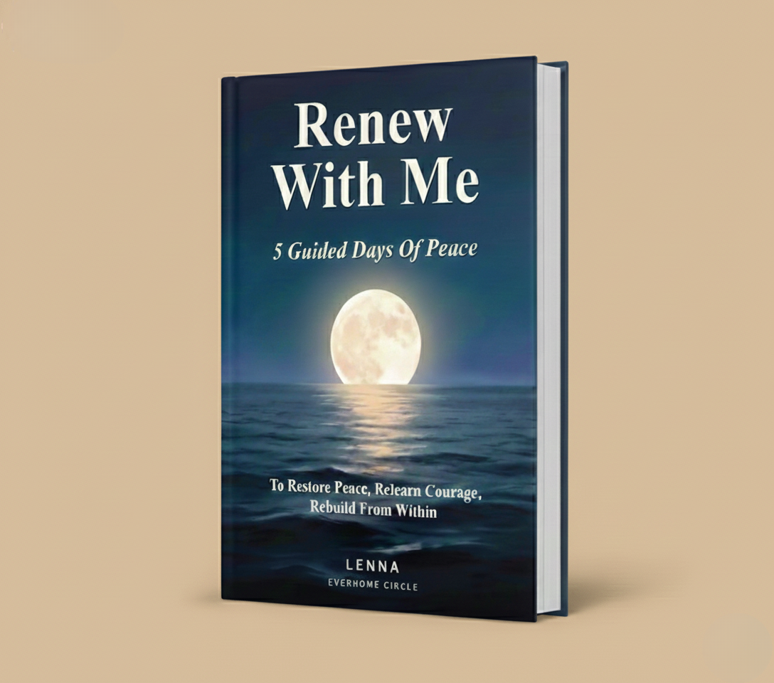 Book cover titled "Renew With Me" featuring a full moon over calm ocean waves at night.