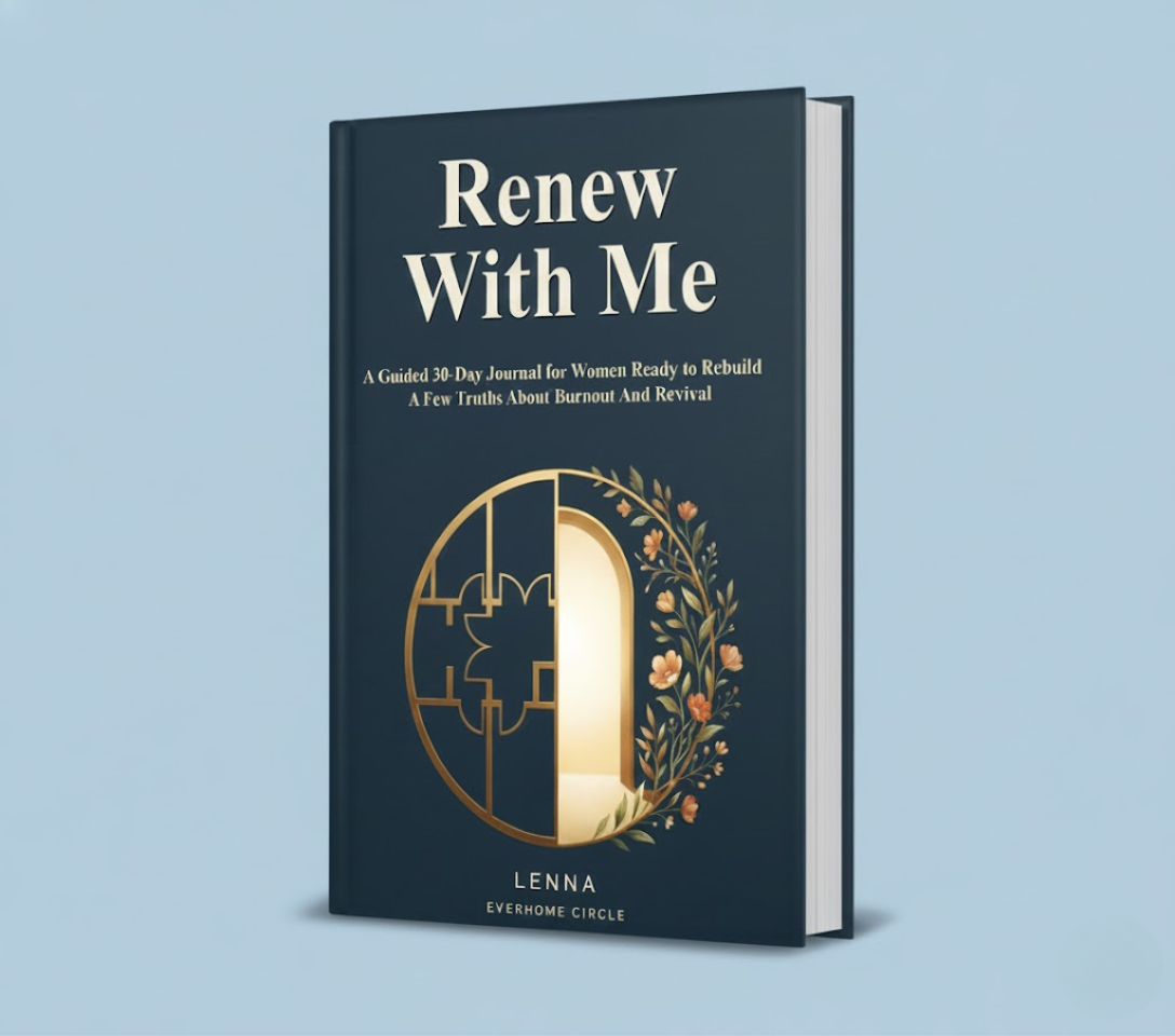A dark blue hardcover book titled 'Renew With Me' with gold and floral design on the cover, standing against a light blue background.