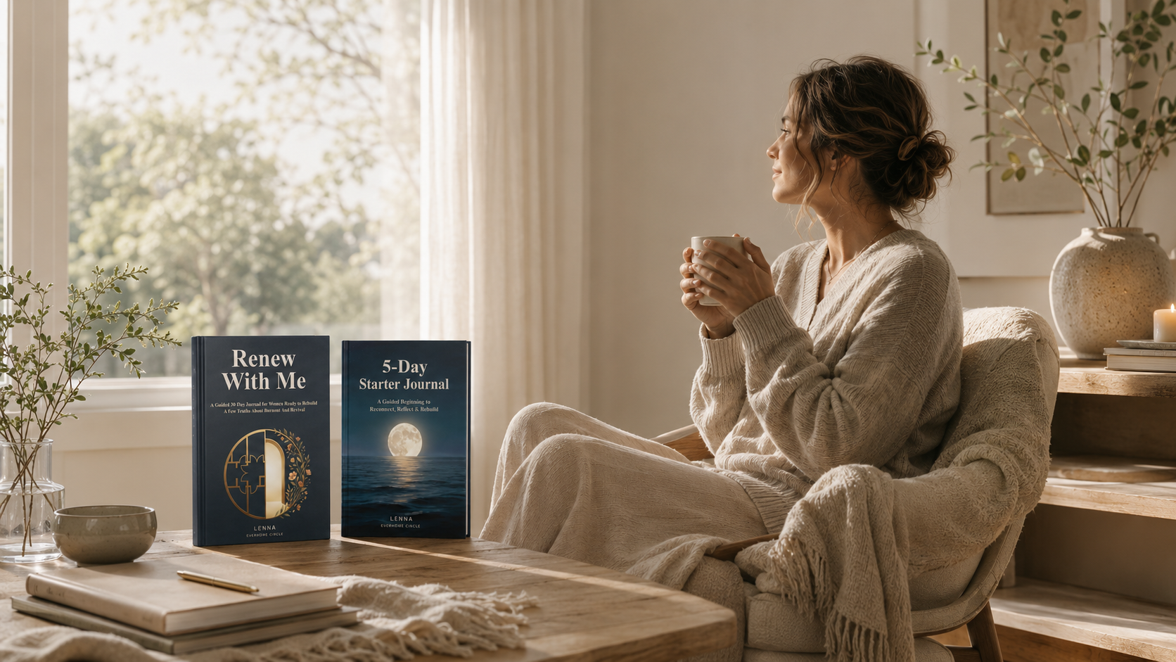 Woman resting with tea beside the Renew With Me and 5-Day Starter Journal