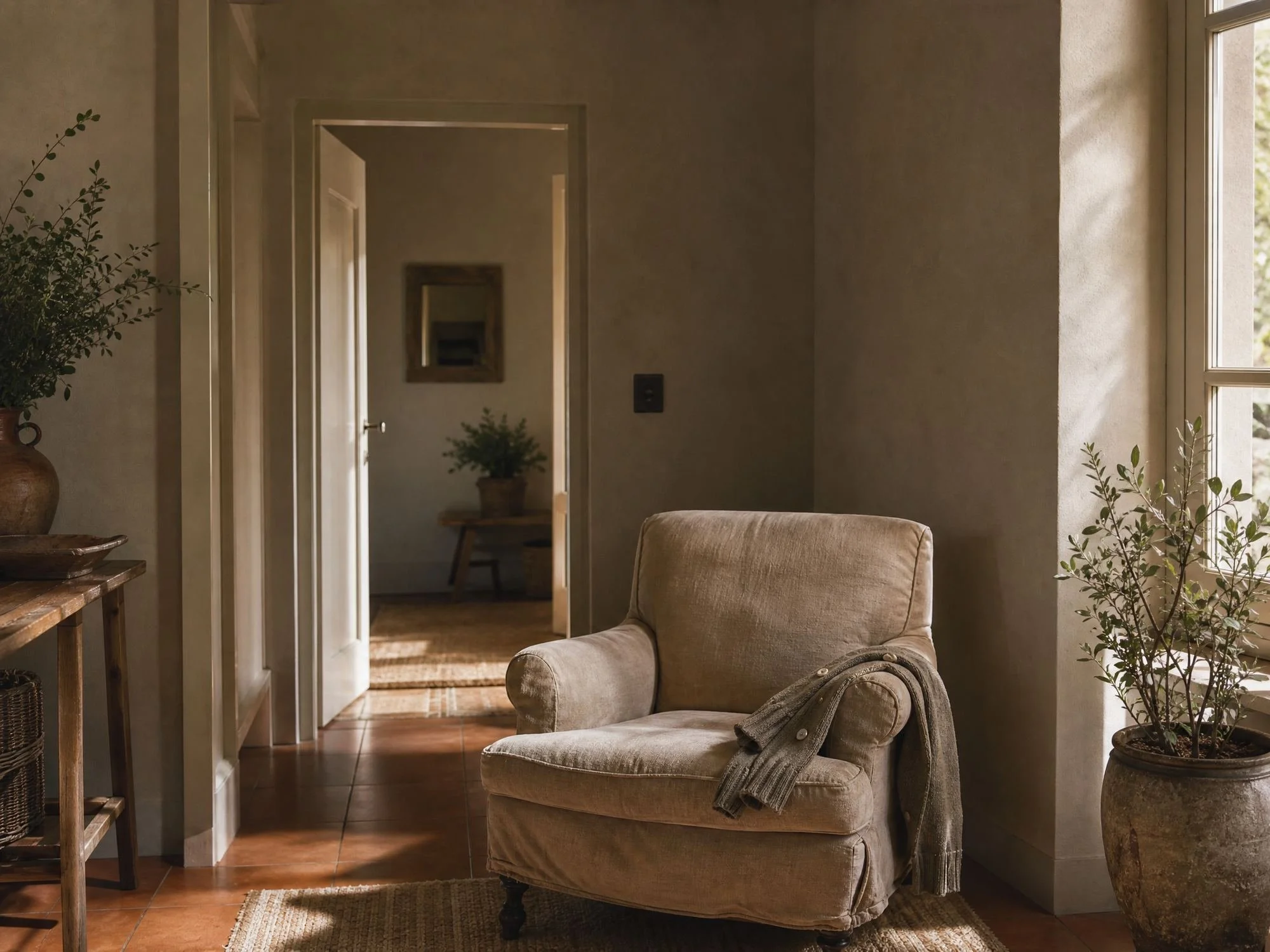 A sunlit living room with an armchair and open doorway, creating a quiet space for reflection.