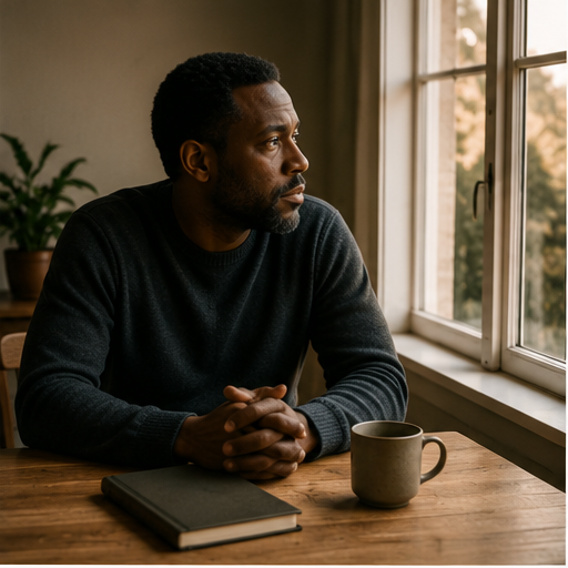 Black man in quiet reflection at a sunlit window
