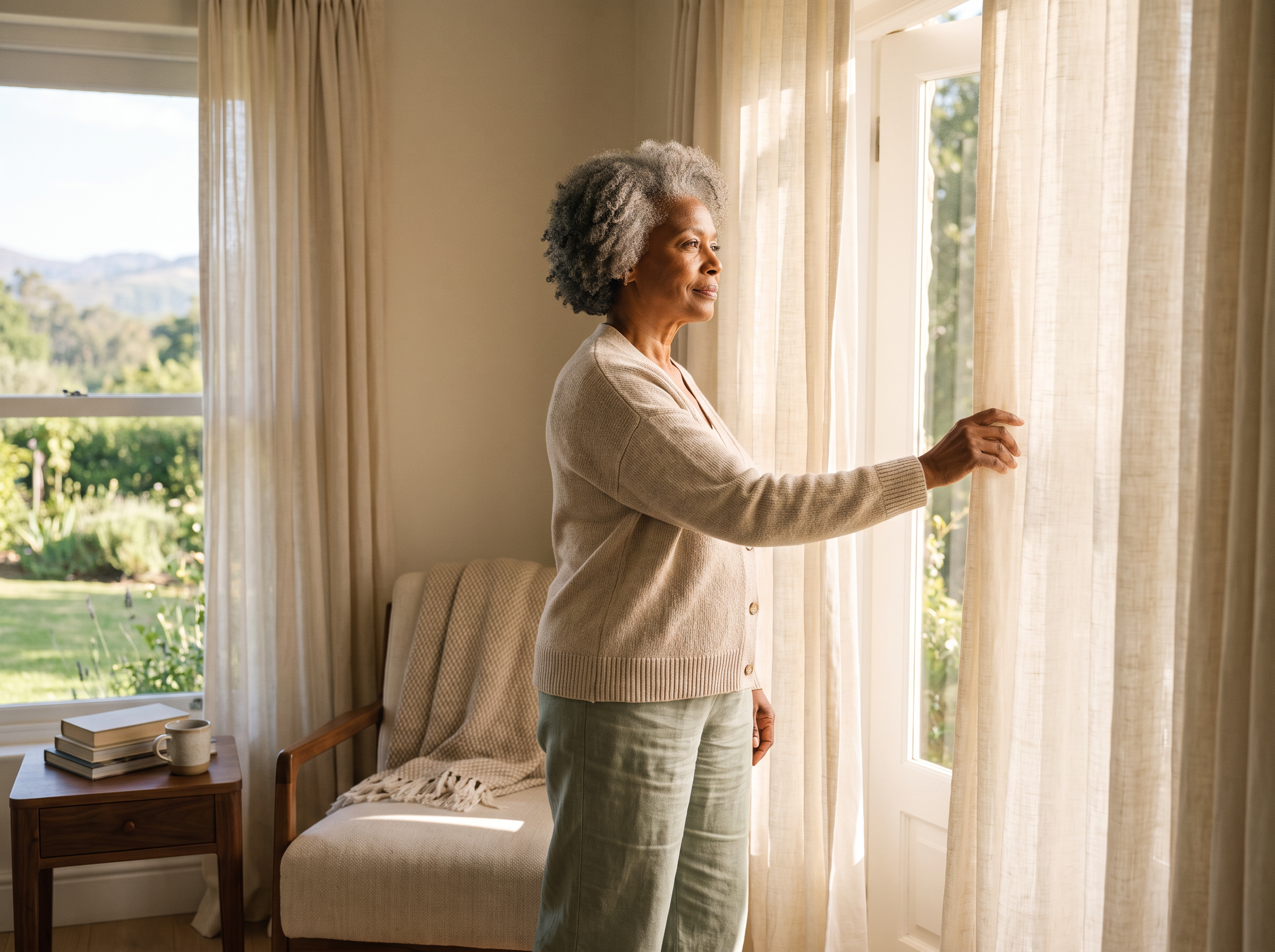 Older Black woman in peaceful reflection by a sunlit window