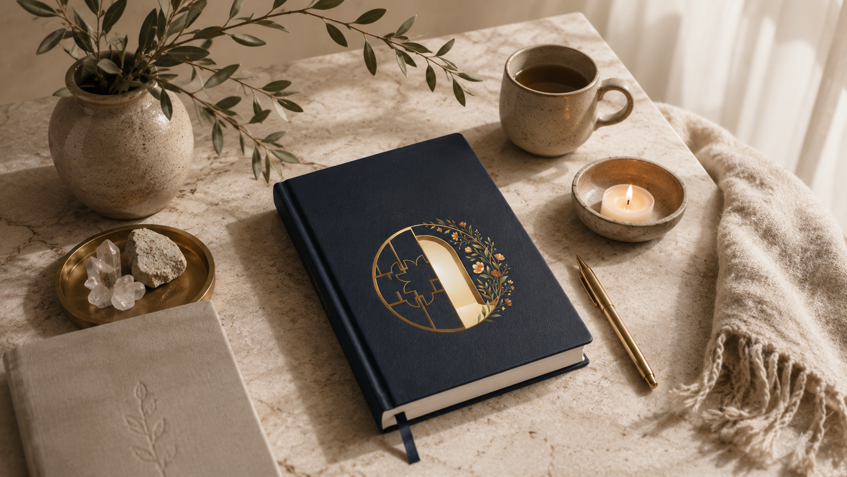 Renew With Me guided journal beside tea and a candle on a warm tabletop