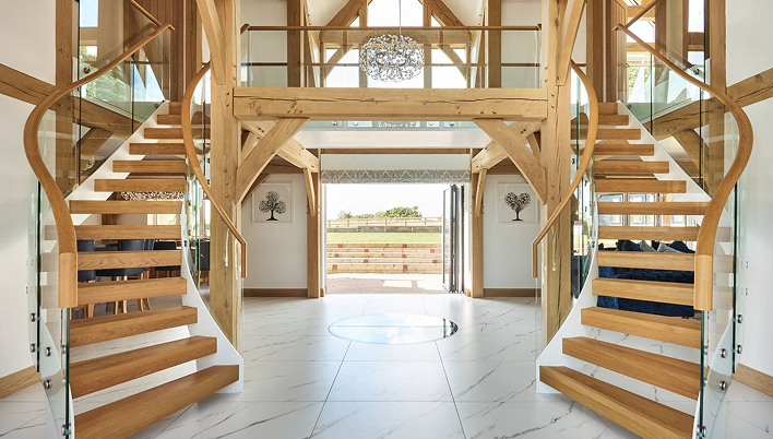 A wooden split staircase