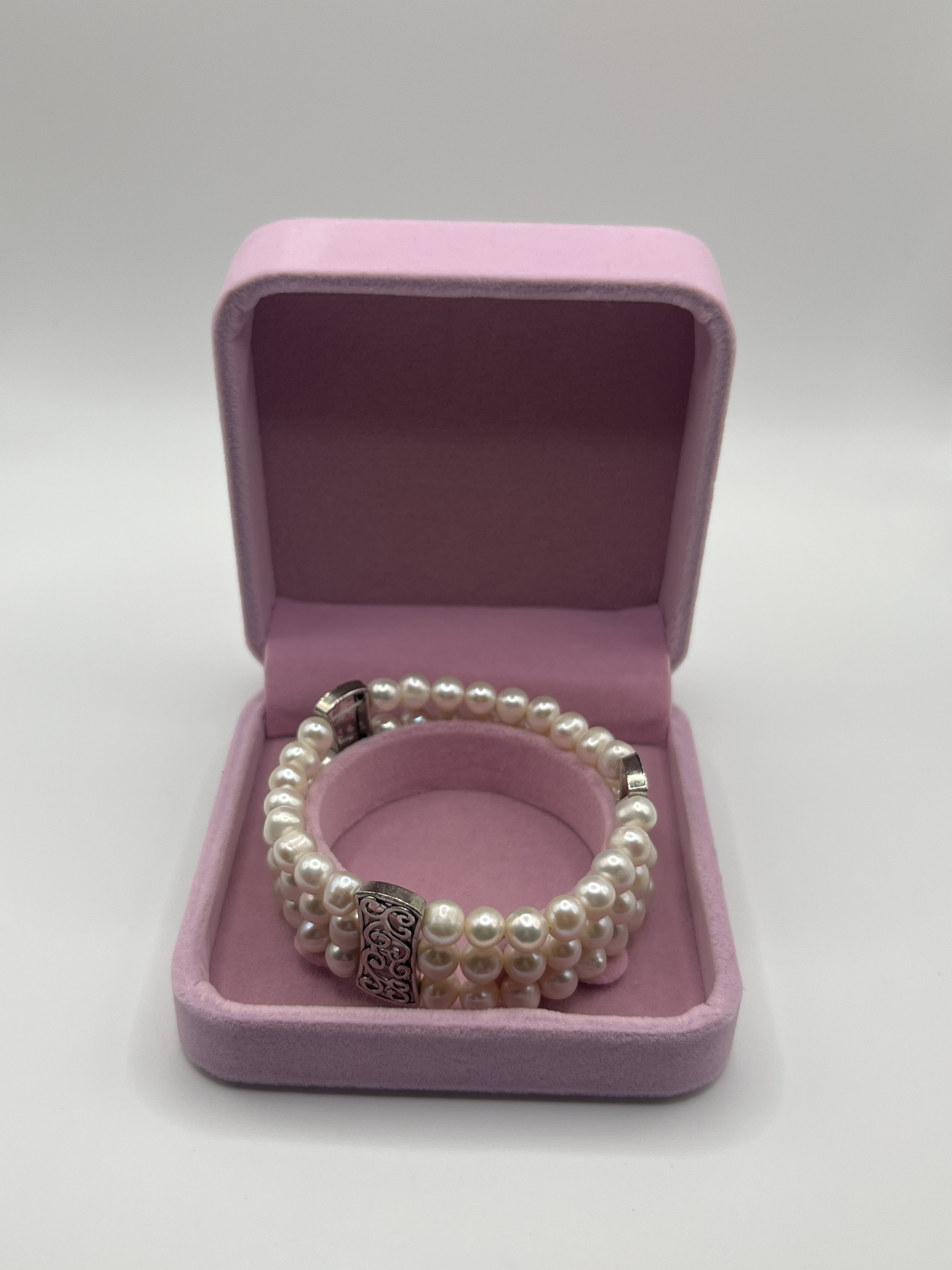 5.5-6mm Triple Strand Pearl Bracelet With Sterling Silver Accents