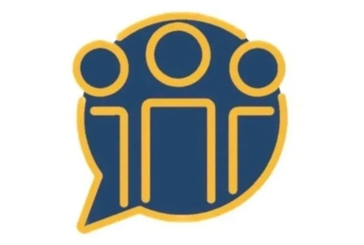 A logo with a navy blue background, featuring four stylized human figures outlined in yellow, with the central figure larger and the others smaller on either side.