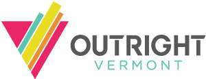 Logo of OutRight Vermont with stylized checkmark symbol in pink, yellow, and teal, and the text 'OUTRIGHT VERMONT' in gray and teal.