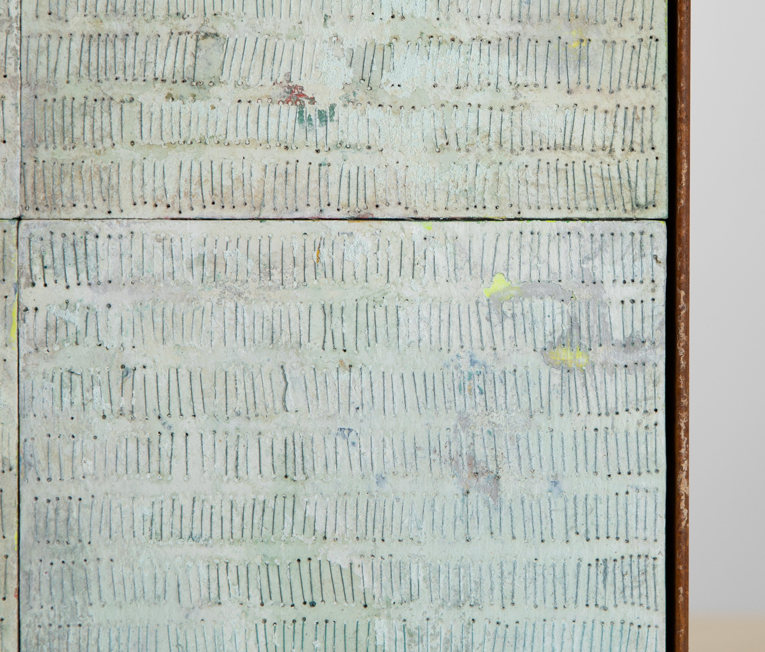 Poppy Lennox, 'No Matter, We Are But One', 2024, paint, plaster, glue and stitched thread on wood, framed in Corten steel, 47 x 47 x 4 cm, Image © Georgie Beattie_detail 3.JPG