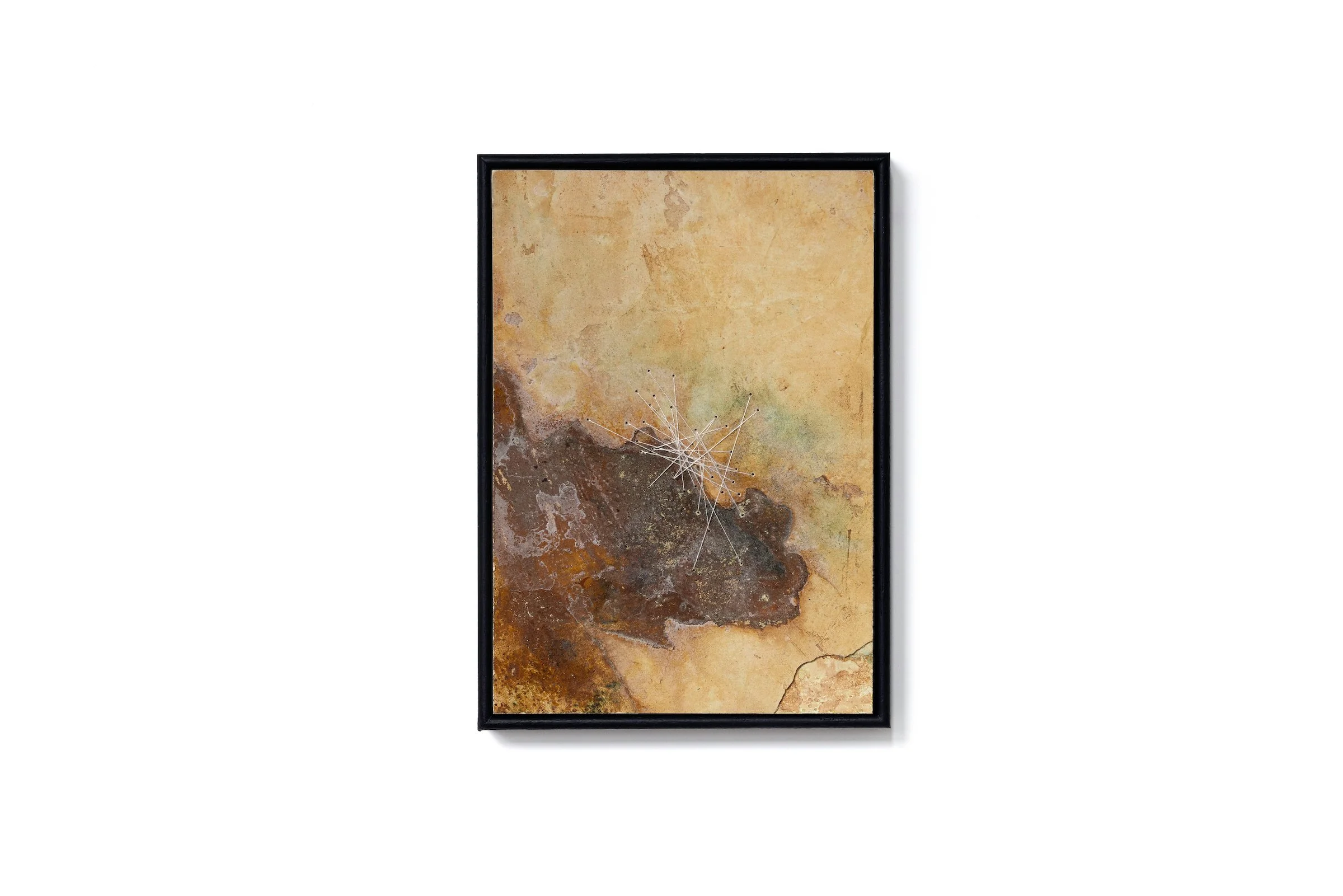1. Poppy Lennox 'Echoes of the Land I', Plaster, liquid rust, copper powder, crystallised salt and pure silk thread on wood, 21 x 16 cm, 2024 Image © Demelza Lightfoot.JPG