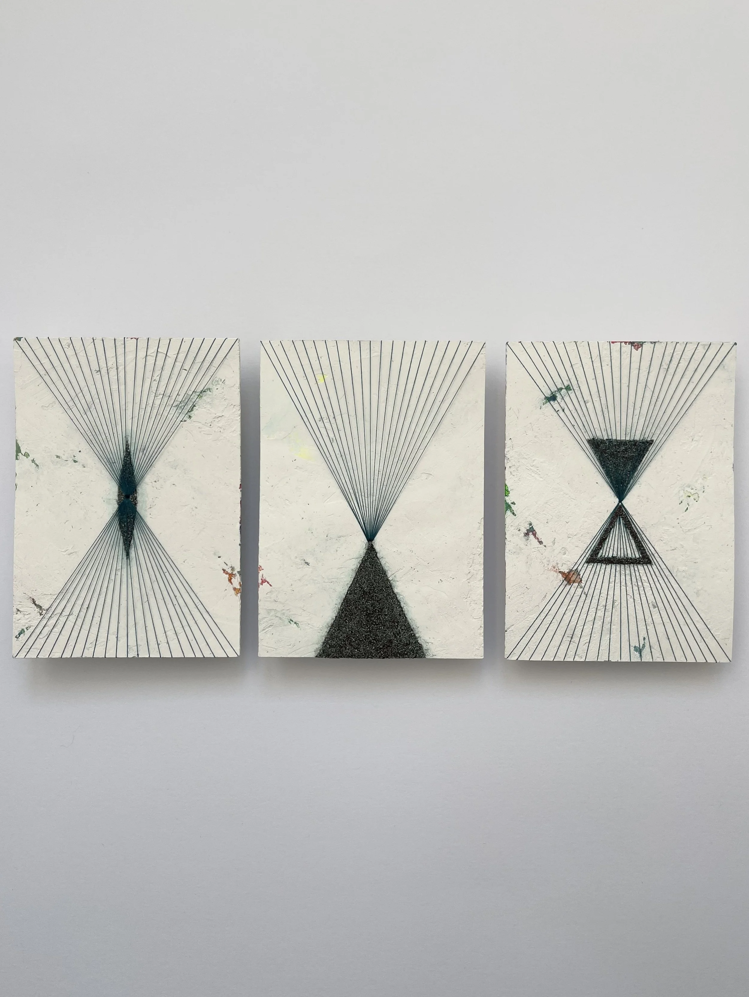 'The Trinity', 'Andraste's Arrival', 'Spirit to Matter', Acrylic, plaster, copper powder, pumice gel and thread on paper, 15 x 10 cm, 2024
