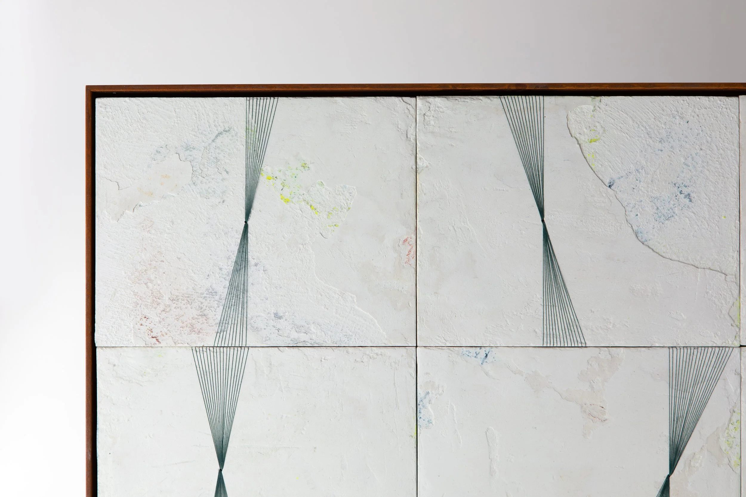 'Energy Lines', Plaster, acrylic and thread on birch plywood, 16 paneled piece, 72 x 56 cm, 2023 Image © Georgie Beattie.jpg