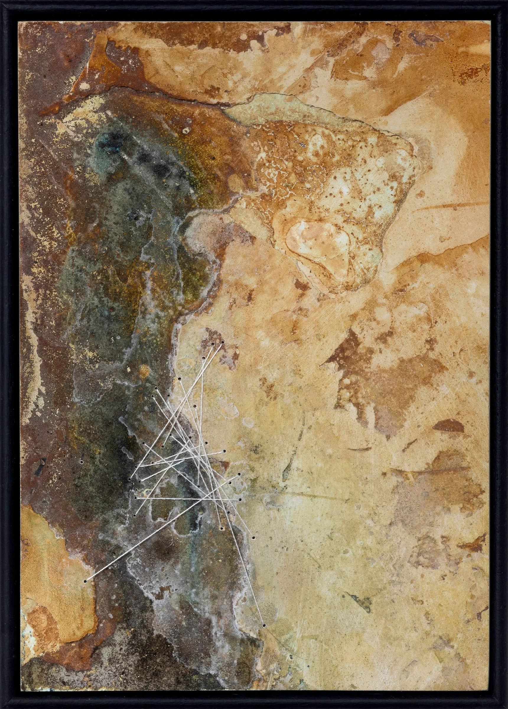 2. Poppy Lennox 'Echoes of the Land II', Plaster, liquid rust, copper powder, crystallised salt and pure silk thread on wood, 21 x 16 cm, 2024 Image © Demelza Lightfoot_cropped.JPG