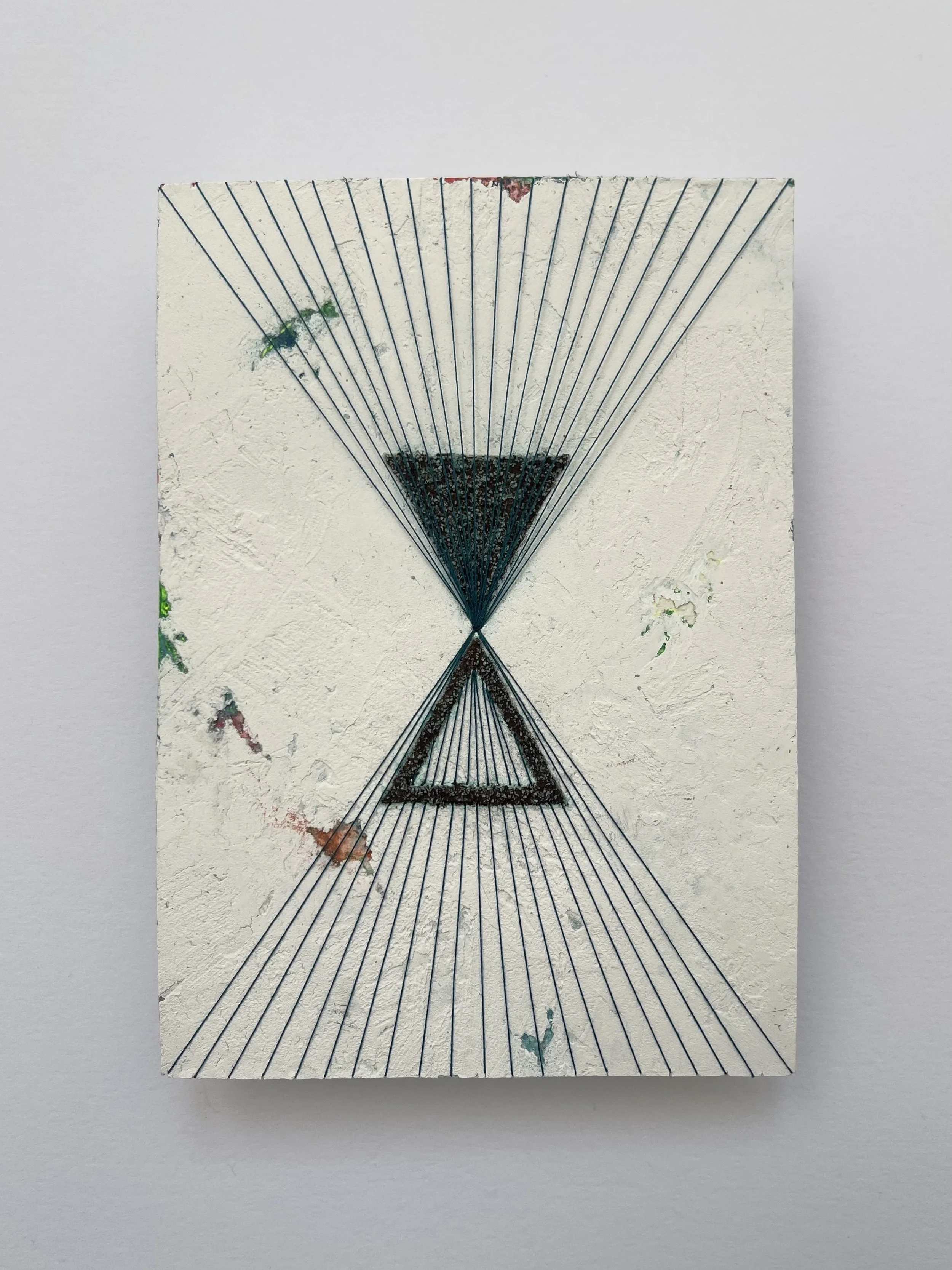 'Spirit to Matter', Acrylic, plaster, copper powder, pumice gel and thread on paper, 15 x 10 cm, 2024