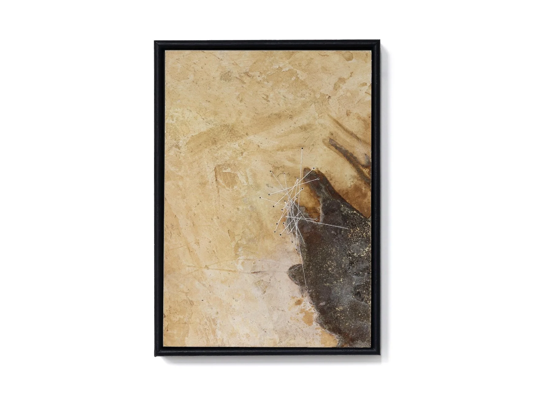 'Echoes of the Land IX', Plaster, liquid rust, copper powder, crystallised salt and pure silk thread on wood, 21 x 16 cm, 2024 