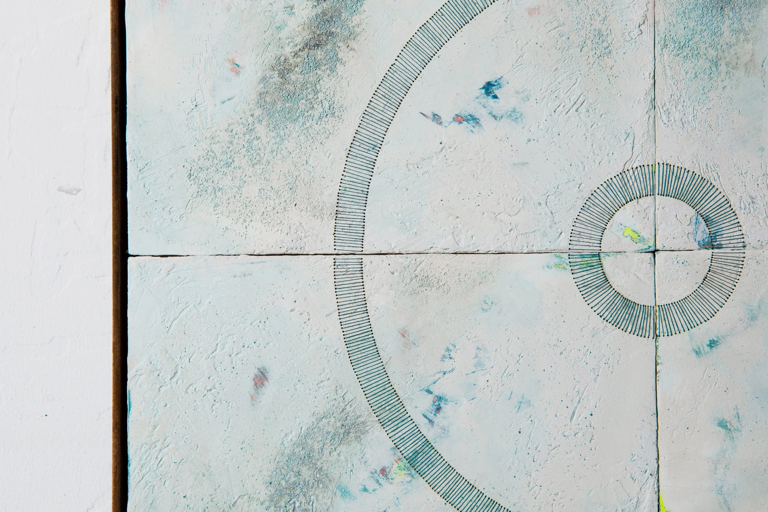 Poppy Lennox, 'The Initiate', Plaster, acrylic, pumice gel, copper powder and embroidered thread on birch plywood in corten steel frame, 50 x 50 cm. 2023 Image © Georgie Beattie_detail 1.jpg