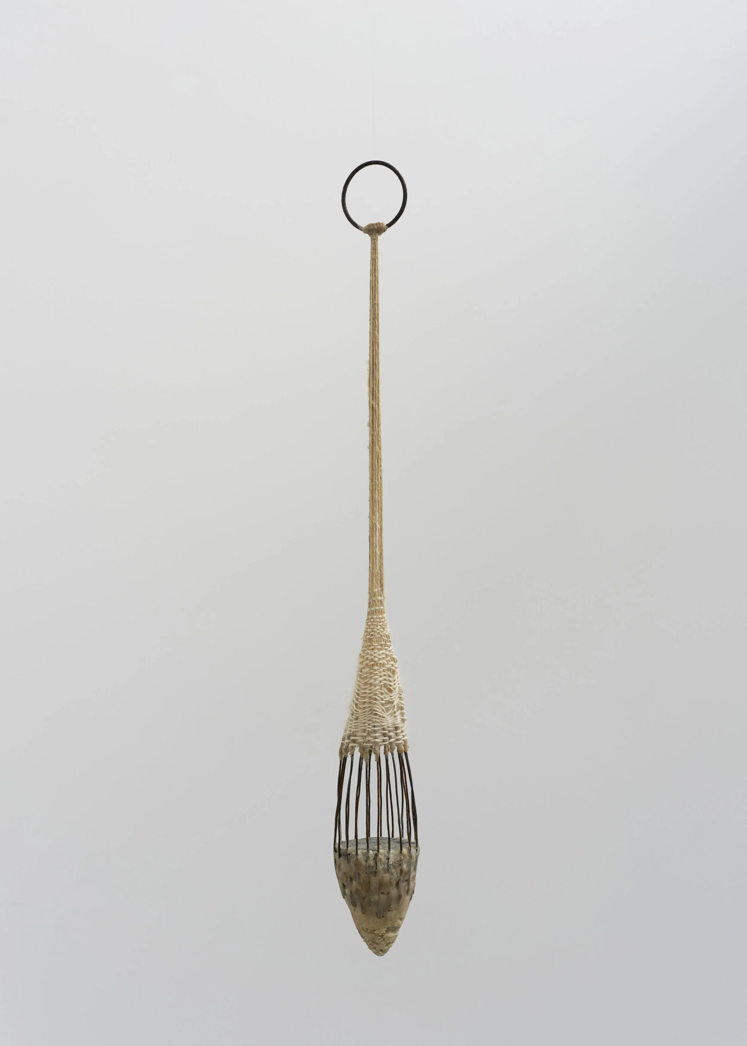 'Weaving Sorrow', Clay, beeswax, salvaged metal and pure silk, 60 H x 7 Diameter cm, 2026