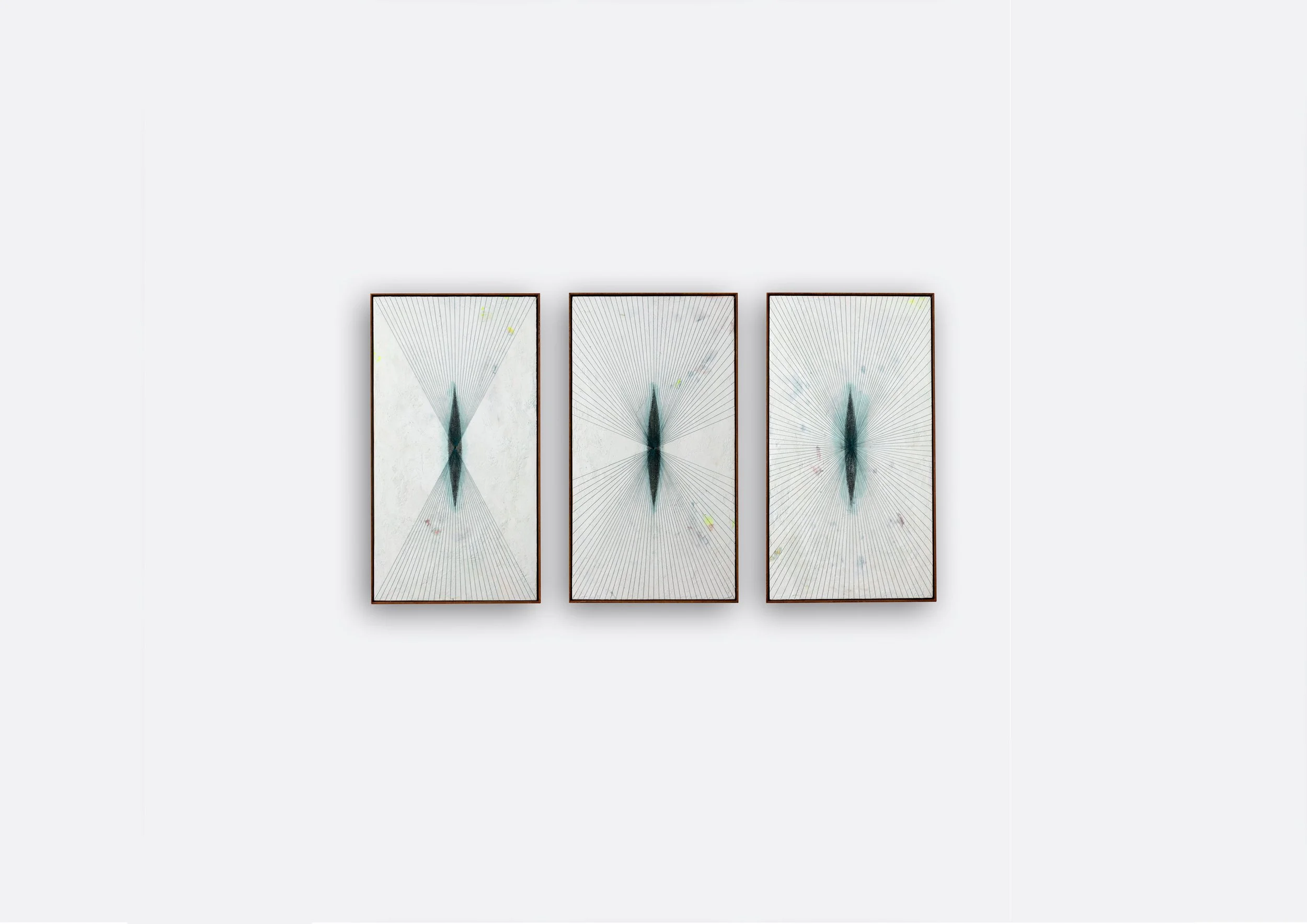 'The Trinity', Plaster, acrylic, pumice gel, copper powder and thread on birch plywood in Corten steel frames, triptych, each piece 57 x 31 cm, 2023