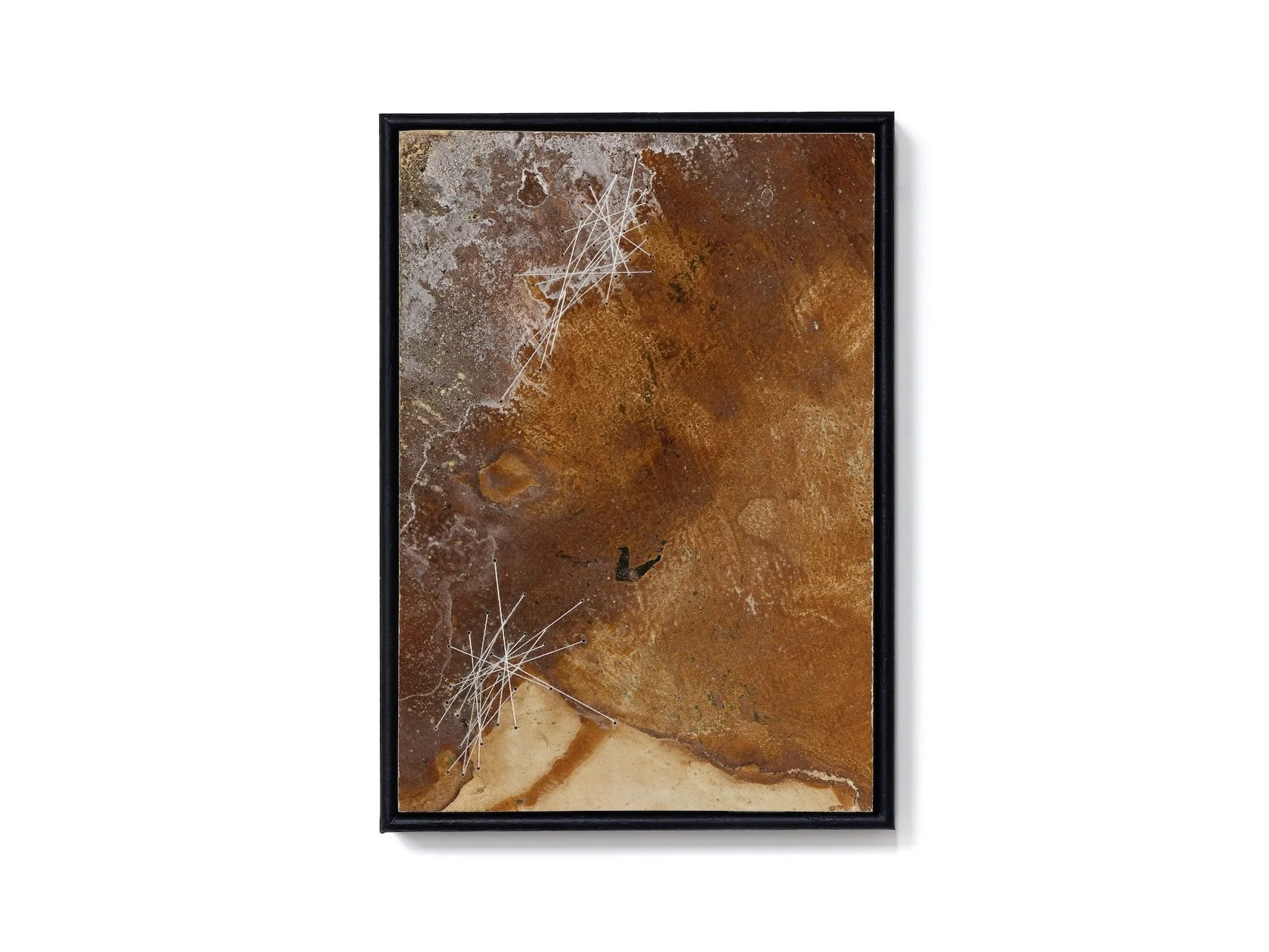 'Echoes of the Land XII', Plaster, liquid rust, copper powder, crystallised salt and pure silk thread on wood, 21 x 16 cm, 2024 