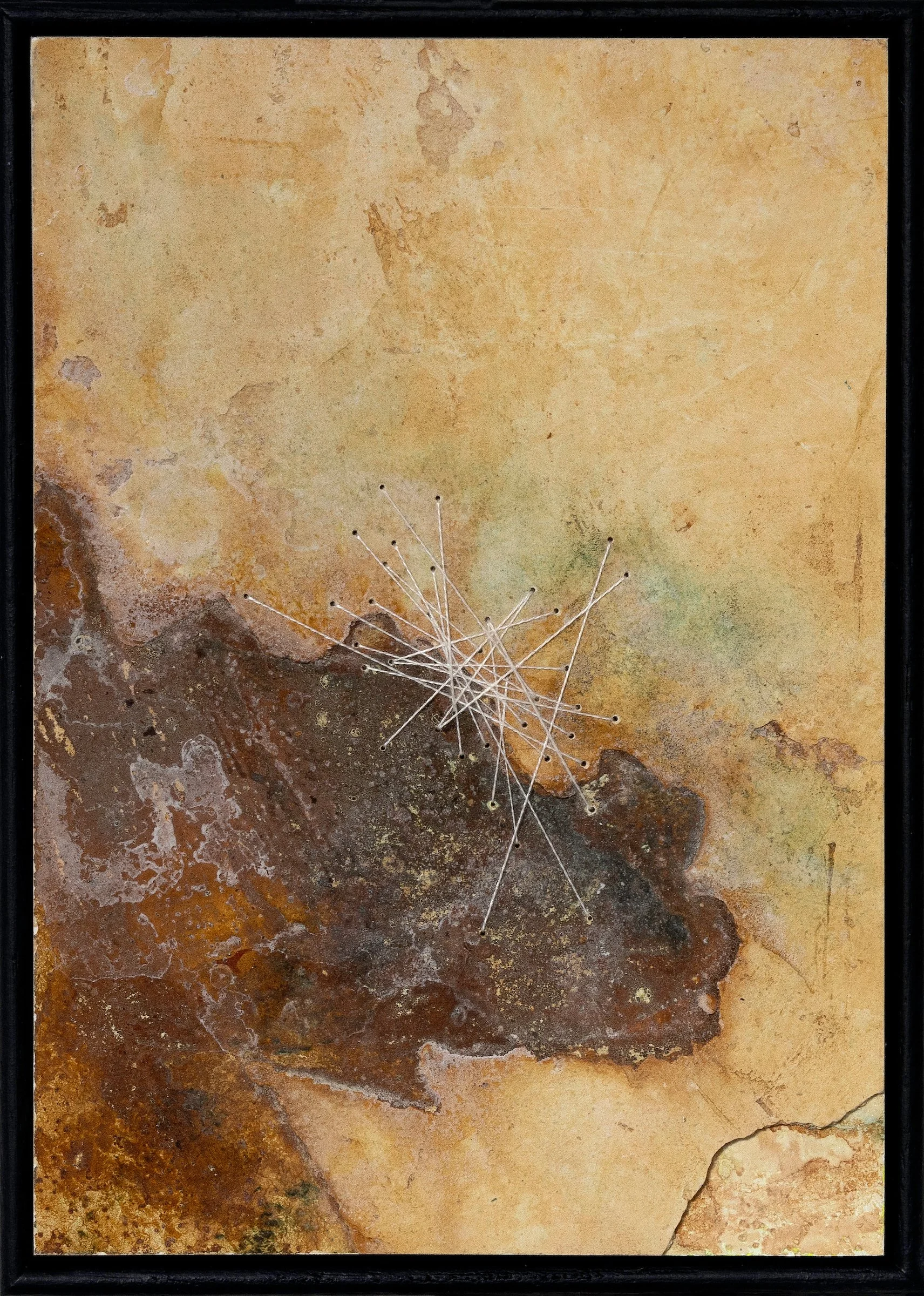 1. Poppy Lennox 'Echoes of the Land I', Plaster, liquid rust, copper powder, crystallised salt and pure silk thread on wood, 21 x 16 cm, 2024 Image © Demelza Lightfoot_cropped.JPG