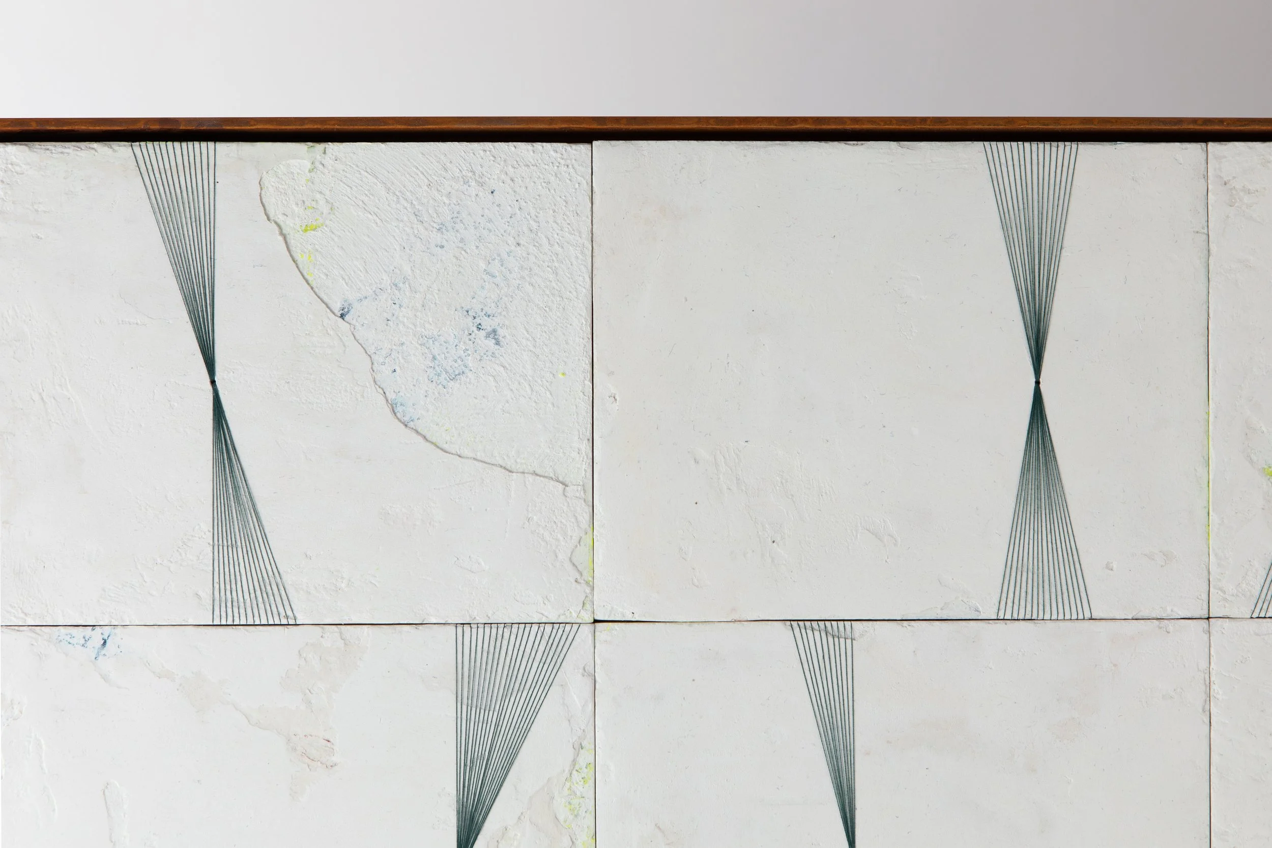 'Energy Lines', Plaster, acrylic and thread on birch plywood, 16 paneled piece, 72 x 56 cm, 2023 Image © Georgie Beattie.jpg