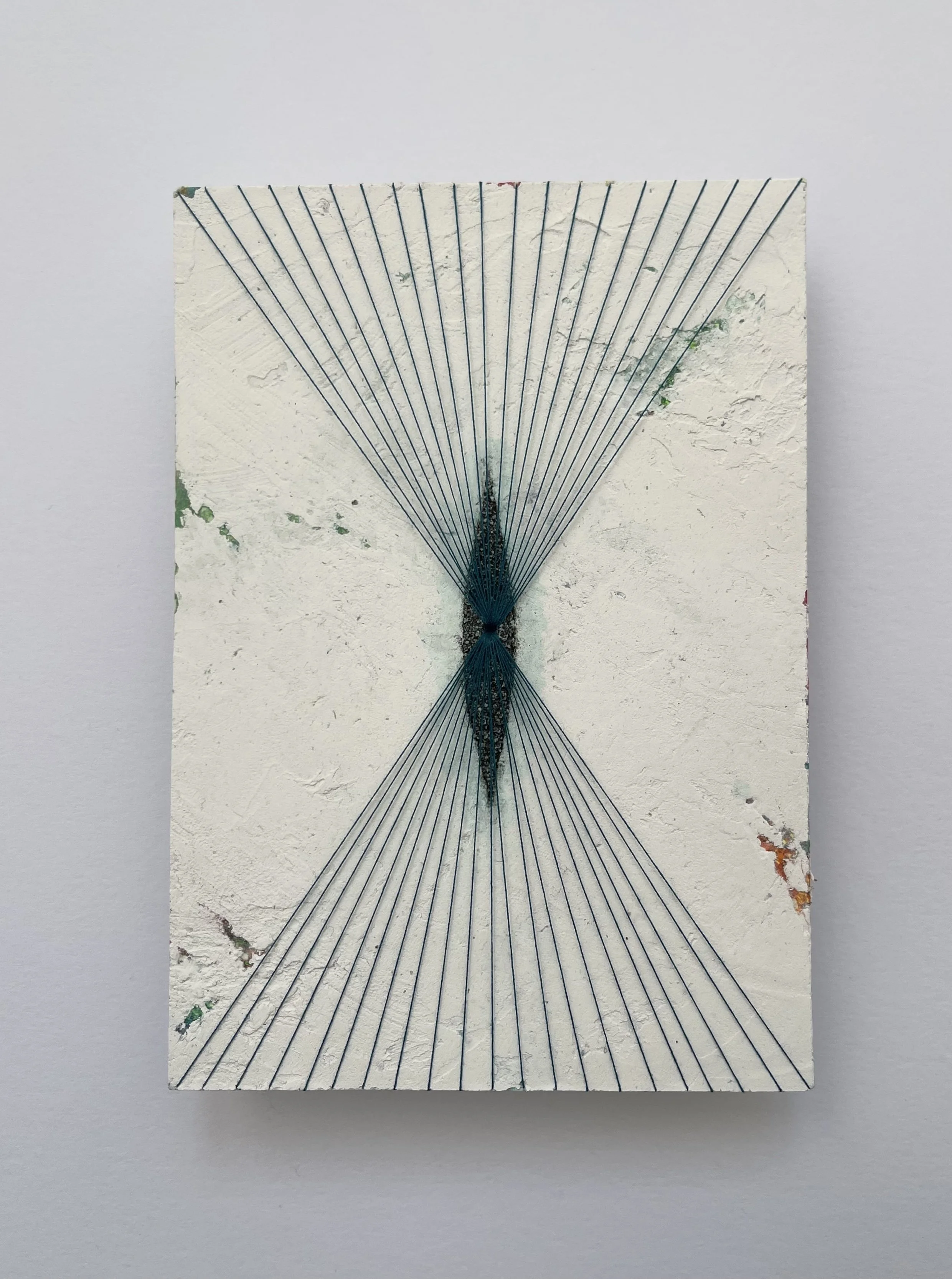 'The Trinity', Acrylic, plaster, copper powder, pumice gel and thread on paper, 15 x 10 cm, 2024