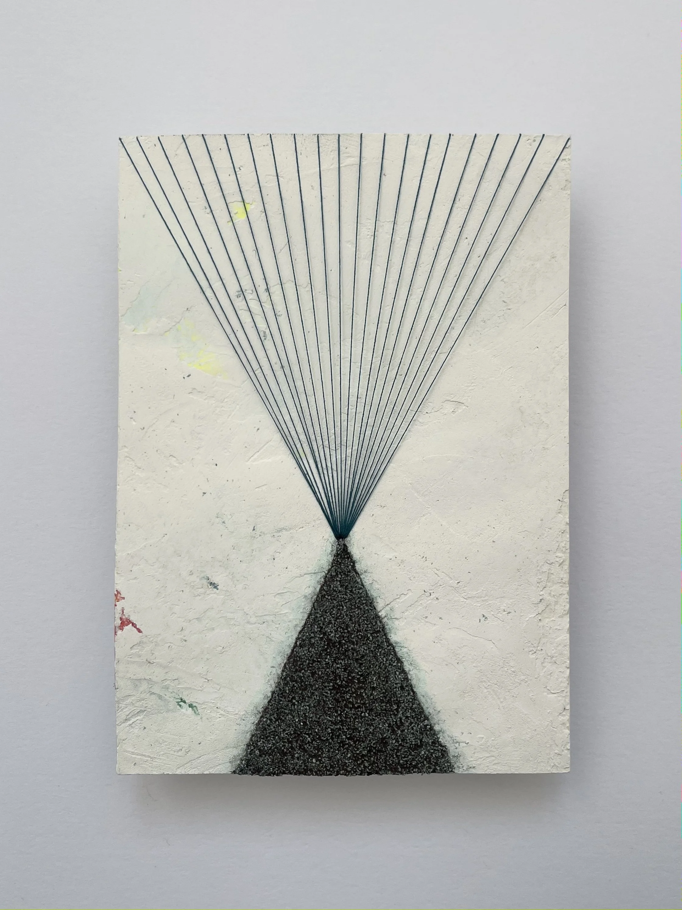 'Andraste's Arrival', Acrylic, plaster, copper powder, pumice gel and thread on paper, 15 x 10 cm, 2024