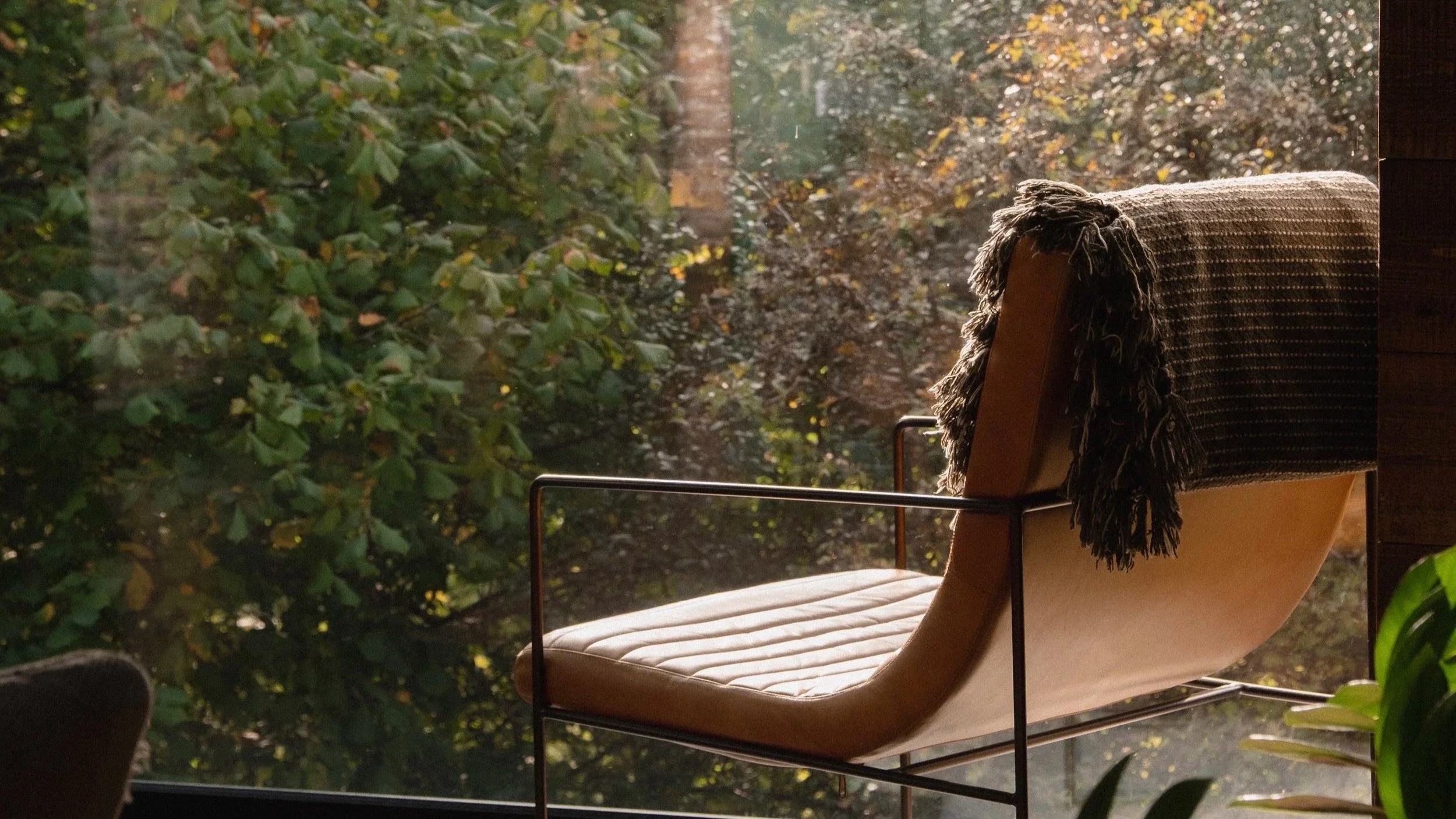 A modern lounge chair with a blanket draped over the backrest, positioned next to a large window showing a view of leafy trees outside.