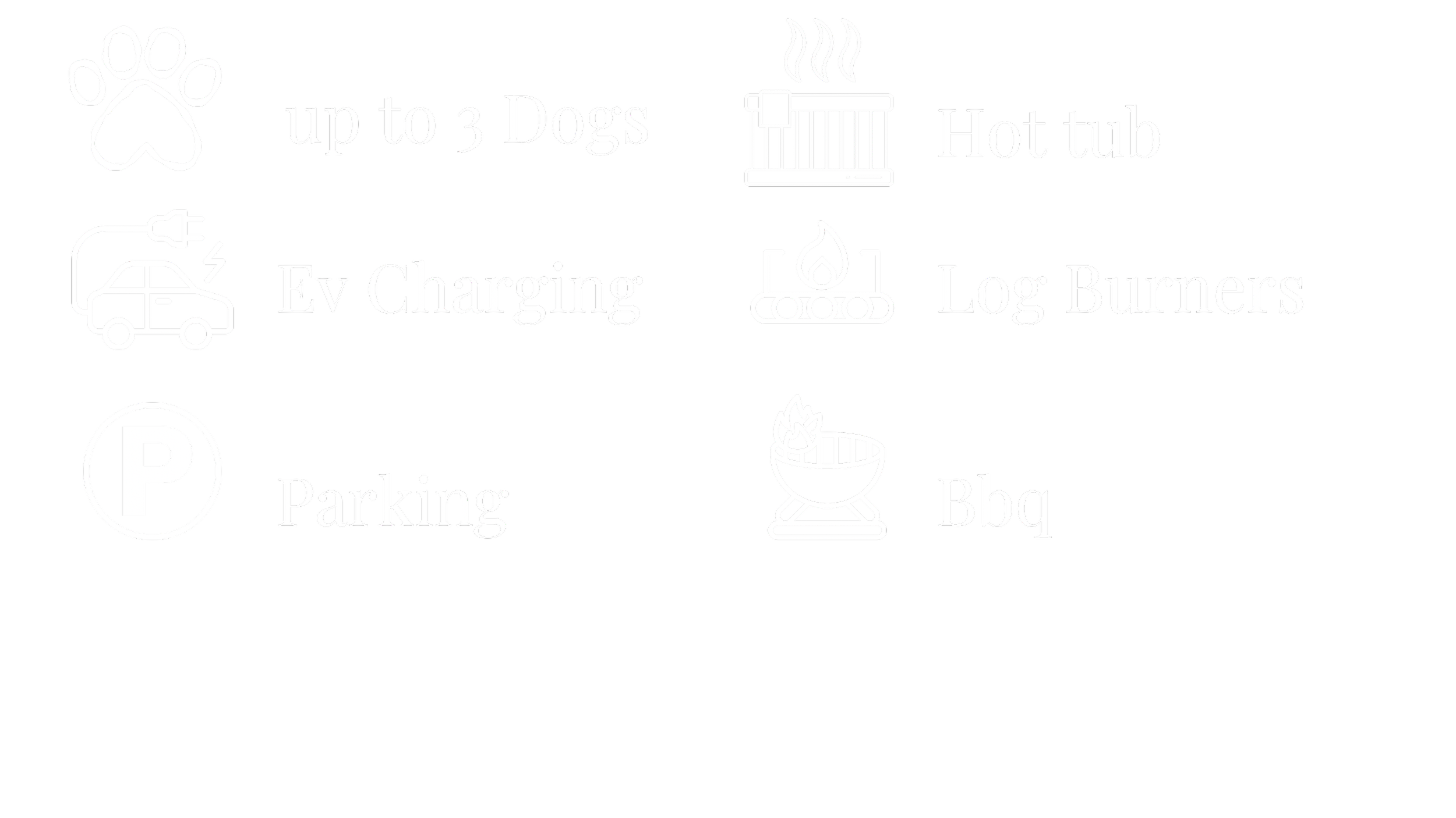Signs displaying amenities including up to three dogs, hot tub, electric vehicle charging, log burners, parking, and barbecue.