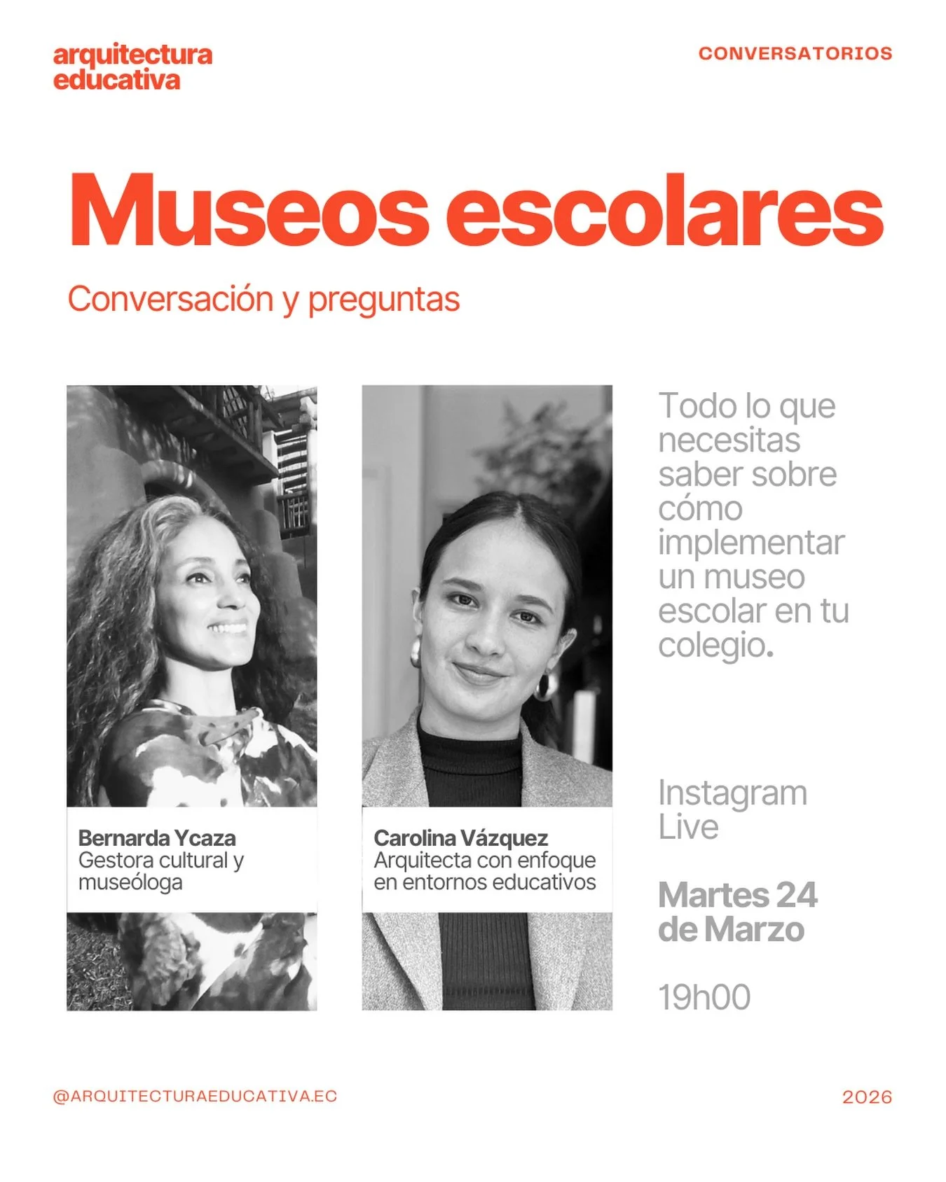 Nueva fecha para el live sobre museos escolares 📆

El martes 24 de marzo conversaremos con Bernarda Ycaza, gestora cultural y muse&oacute;loga sobre los museos educativos, su importancia en la actualidad, como hacerlos realidad y c&oacute;mo gestion