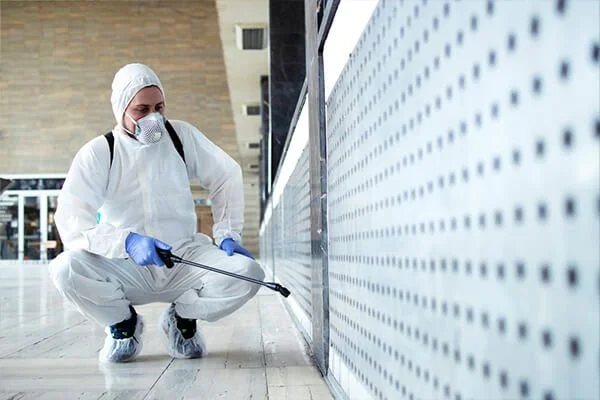 A person in protective gear, including a suit, mask, gloves, and shoe covers, is crouching and inspecting a wall with a probe or tester in an indoor setting.