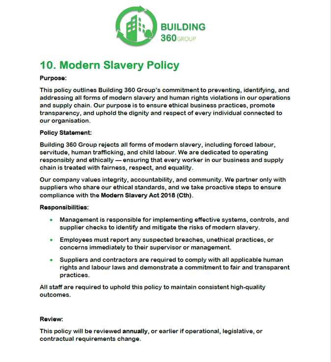 Document titled '10. Modern Slavery Policy' by Building 360 Group outlining their commitment to preventing modern slavery, responsibilities of staff, and review process.