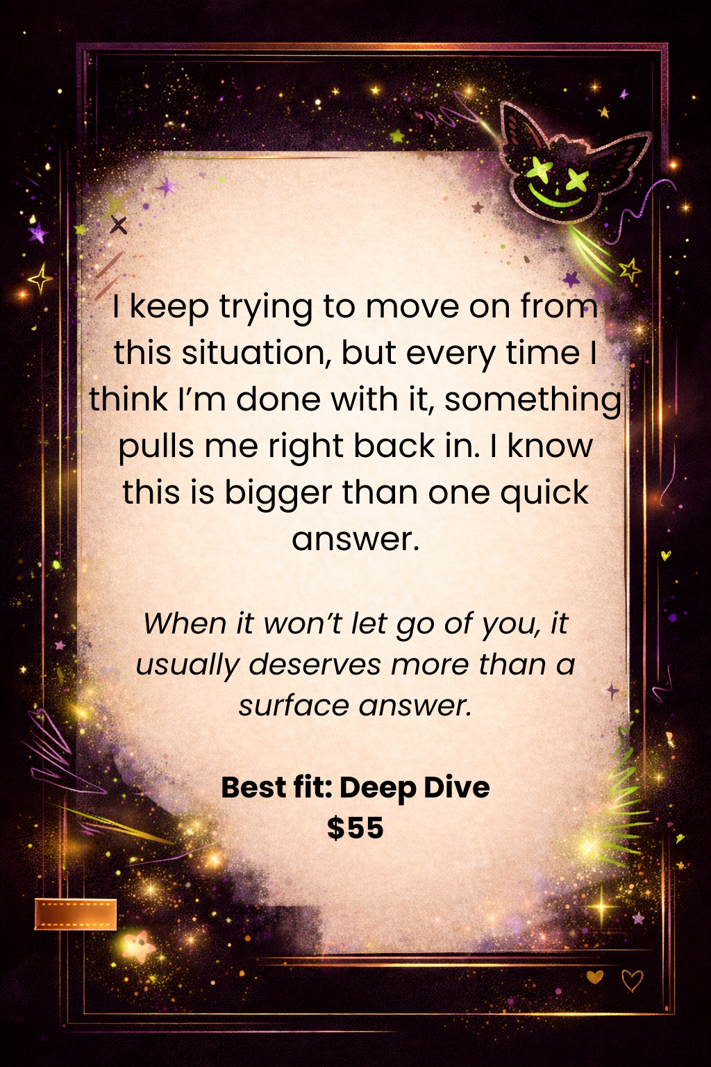 A decorative digital card with a starry, cosmic theme featuring neon green and pink accents, a smiling cat face with X's for eyes in the top right corner, and text about coping with difficult situations, offering a deep dive therapy service for $55.