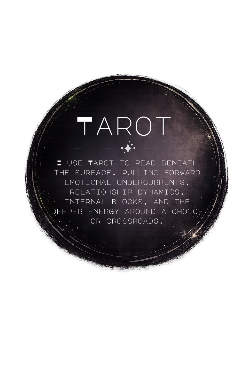 A dark circular design with the word 'TAROT' and an explanation of using tarot cards to explore emotions, relationship dynamics, internal blocks, and energy around choices or crossroads.